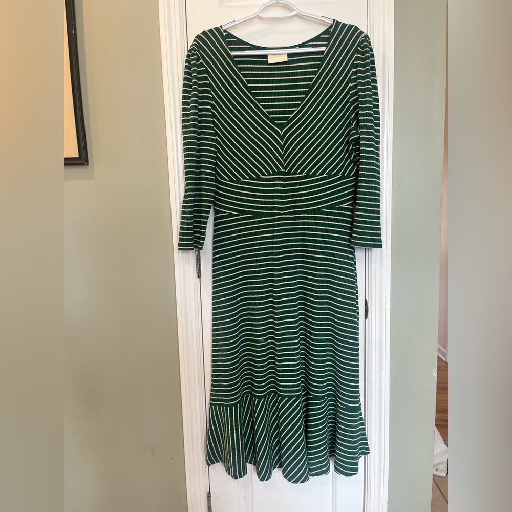 Maeve by Anthropologie Green Striped Ribbed V-Neck Midi Dress - Large b5
